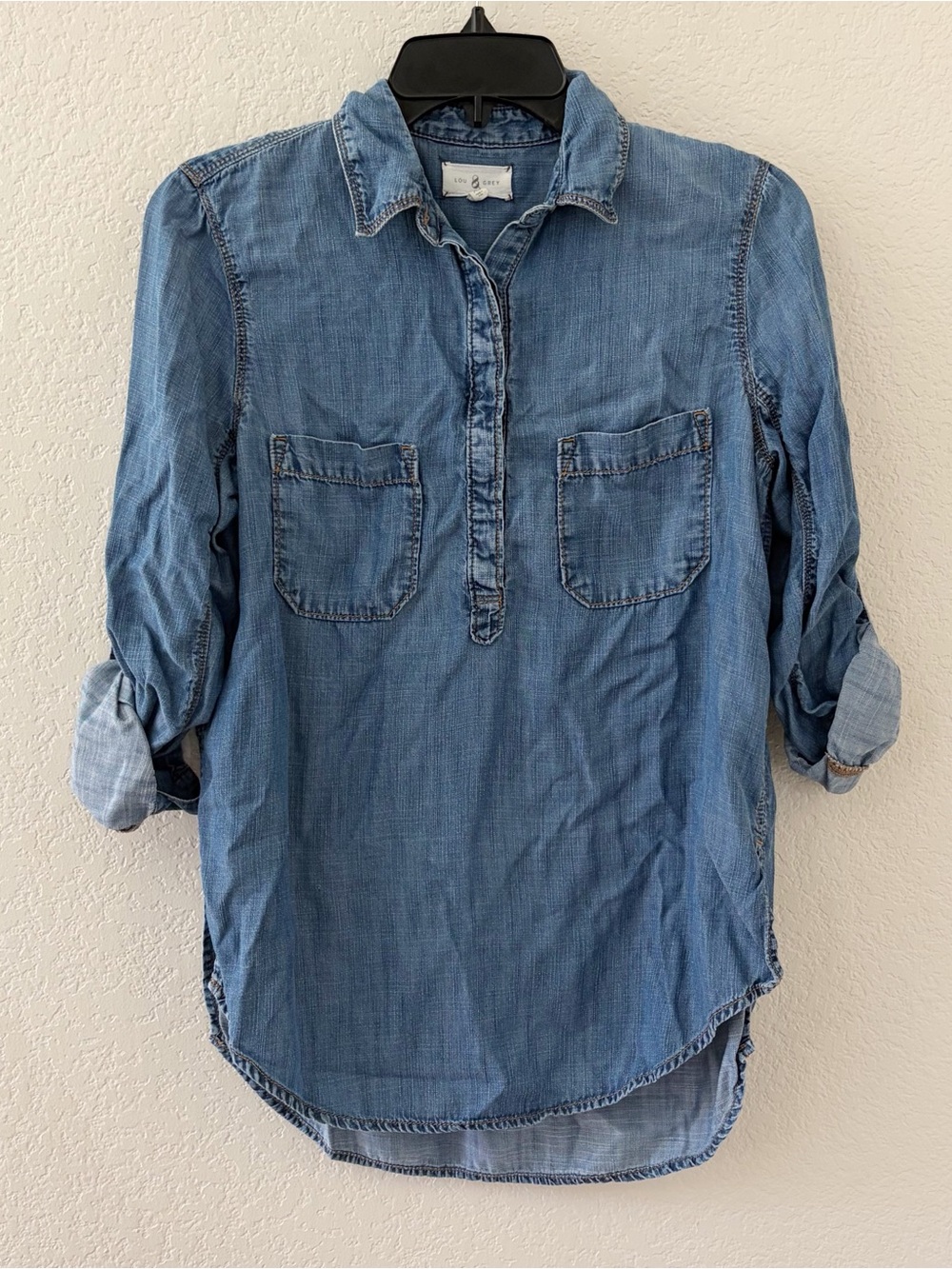 Lou & Grey Size XS Popover Top Blue Chambray Roll Tab Sleeves Collared